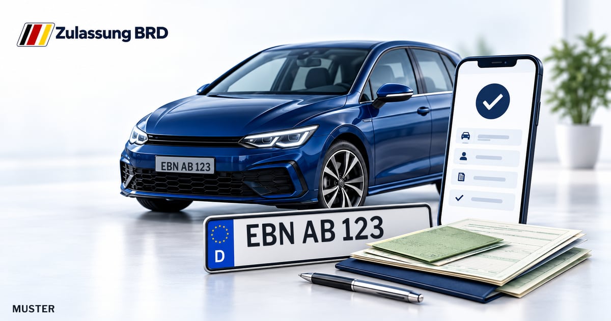 Online Fahrzeugzulassung in Hofheim (Ufr): Musterkennzeichen EBN AB 123, Auto und Fahrzeugpapiere und Smartphone. Illustration mit Logo von Zulassung BRD.
